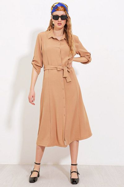 modaserdem Camel Belted Shirt Dress 2442