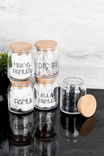 Dolkin Home 5 Conditions Wooden Cover - Bathroom Cotton Set: Pink Label - Ear - Makeup - Dental Floss - Hair Jewelry