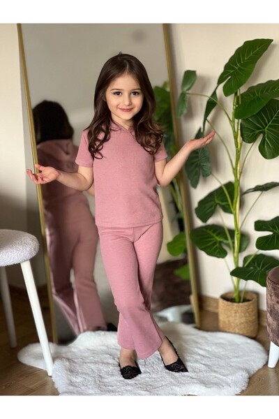 renkli diyar Girls Children's Bottom Top Suit Hooded Short Sleeve and Spanish Leg Trousers Nursery Kindergarten Primary School