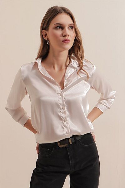 REKA MODA 3964 Lightly Flowing Satin Shirt - Cream