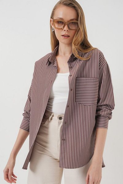 MRA Fashion 20205 Striped Oversize Shirt - Brown