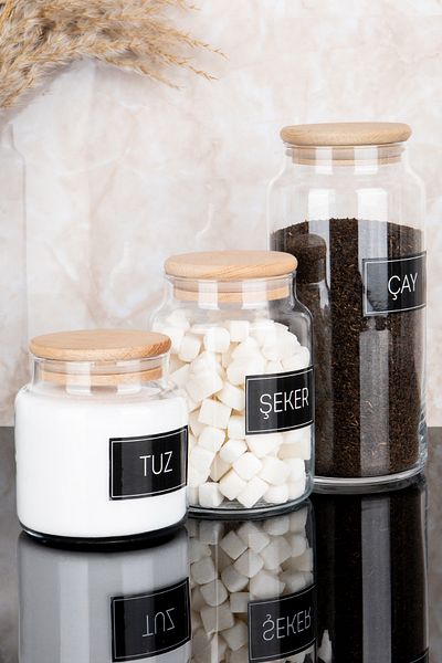 Dolkin Home Set of 3 Wooden Vacuum Lids 3 Sizes Glass Jars with Tea Sugar Salt Labels 1300Ml-800Ml-500Ml