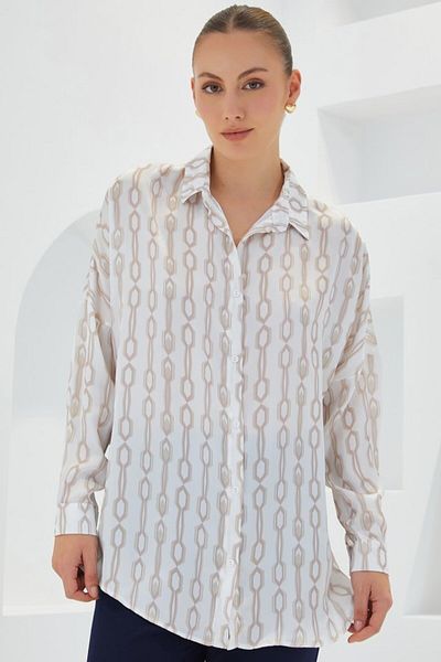 modaserdem Beige White Patterned Oversize Satin Shirt 3985
