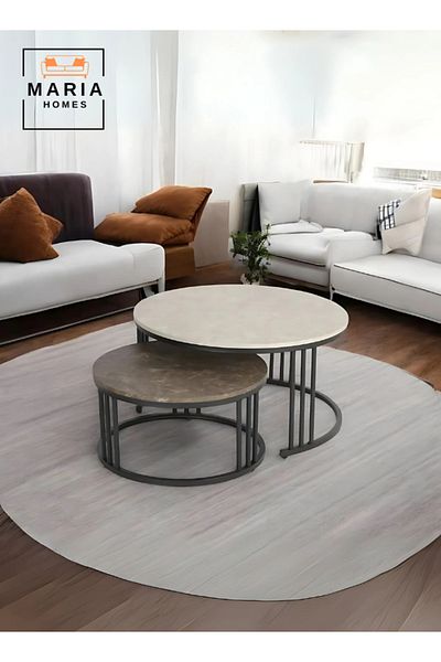 MARIA HOMES Modern Nesting Coffee Table Set – Large 79x42 cm & Small 59x31 cm – Round Marble Top with Metal Base