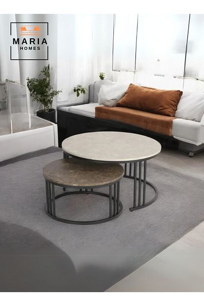 MARIA HOMES Modern Nesting Coffee Table Set – Large 79x42 cm & Small 59x31 cm – Round Marble Top with Metal Base