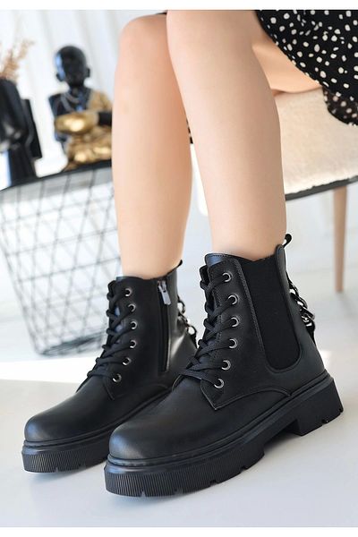 ufukmoda Harte Black Skin Lace up Boots