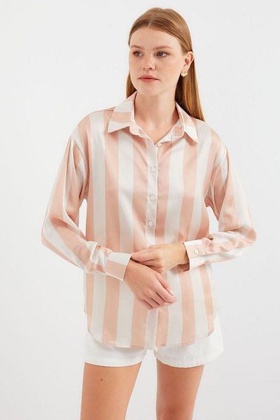 modaserdem 3964 Lightly Flowing Striped Satin Shirt - Biscuit