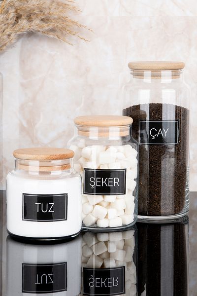 Dolkin Home Set of 3 Wooden Vacuum Lids 3 Sizes Glass Jars with Tea Sugar Salt Labels 1300Ml-800Ml-500Ml