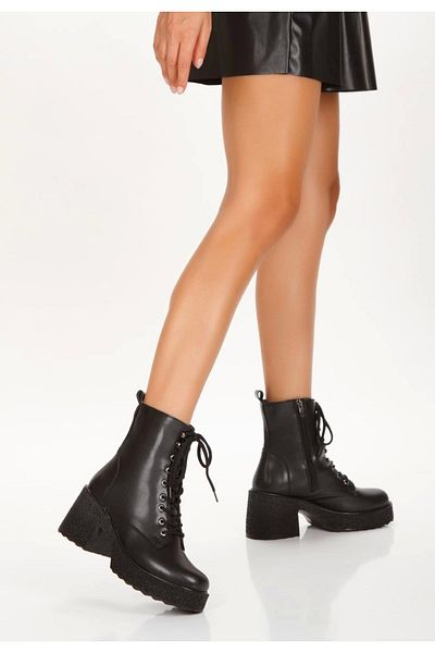ufukmoda Emilla Black Skin Lace up Boots