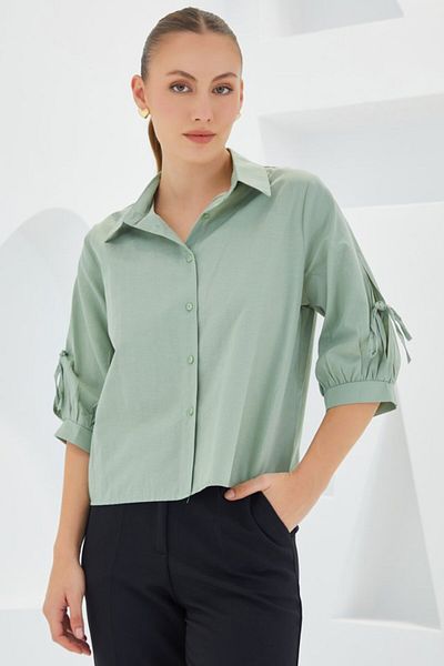 modaserdem Sleeve Detailed Green Crop Shirt 20246