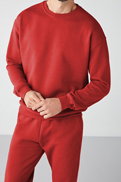 ruNadeS Red Regular Fit Regular Fit Basic O-Neck Tracksuit Set with Thick Fleece Inside