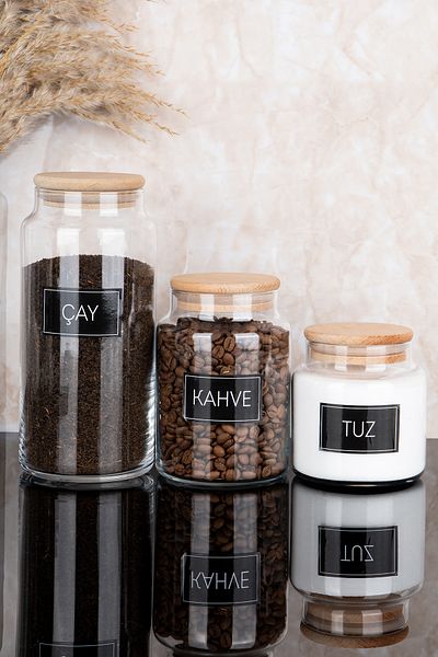 Dolkin Home Set of 3 Wooden Vacuum Lids, 3 Sizes Glass Jars with Tea Coffee Salt Labels 1300Ml-800Ml-500Ml