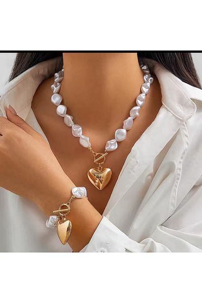 İPAR AKSESUAR Heart-Detail Irregular Pearl Design Necklace Bracelet
