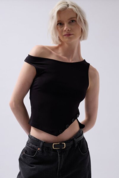 Pazarcan بلوزة أيسكو بياقة كاياك وتفاصيل مشقوقة