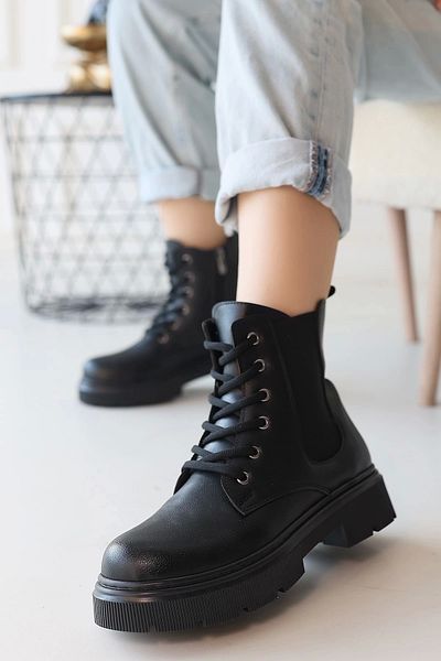 ufukmoda Daum Black Skin Lace up Boots