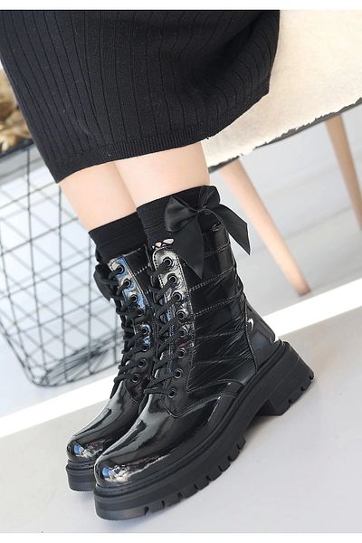 ufukmoda Josse Black Patent Leather Lace up Boots