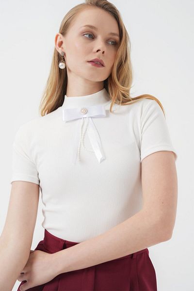 MRA Fashion 926 Collar Detail Short Sleeve Blouse - White