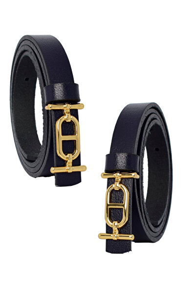 GoDeri %100 Hakiki Deri, Gold Renk Tokalı İnce 2 cm Lacivert Kadın Elbise, Pantolon Kemeri; tt+tt