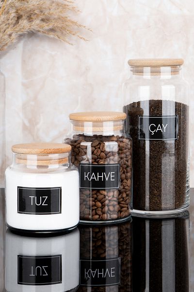 Dolkin Home Set of 3 Wooden Vacuum Lids, 3 Sizes Glass Jars with Tea Coffee Salt Labels 1300Ml-800Ml-500Ml