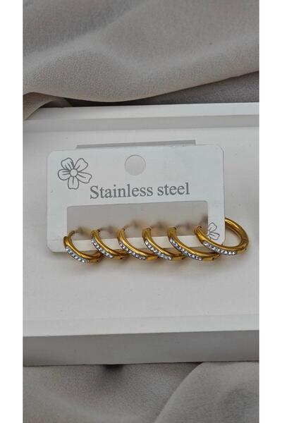 ABLENZED Gold Çoklu Çelik Taşlı Halka Küpe