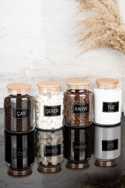 Dolkin Home Set of 4 Wooden Vacuum Lids Tea Sugar Coffee Salt Black Labeled Glass Jar Set Storage Container 800ml
