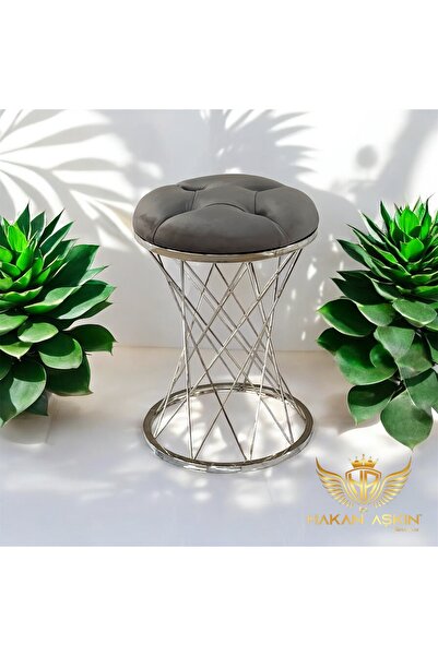 BY HAKAN AŞKIN Kapitoneli Metal Pota Ayaklı Silver Pota Puf Style 2025 koyu füme
