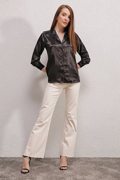 modaserdem    20140 Double Breasted Collar Satin Shirt - Black