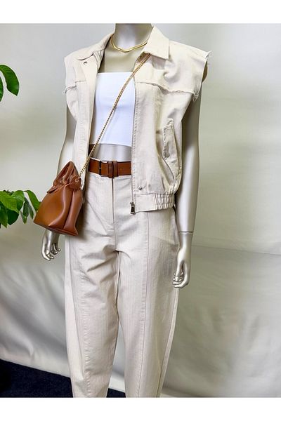 owwon Beige Vest - Trousers Double Linen Set