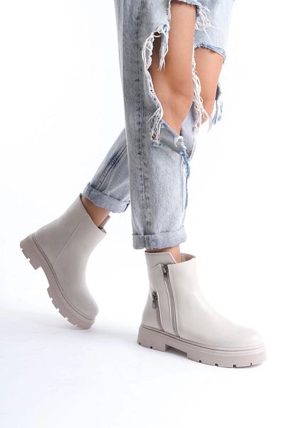 ufukmoda Menta Beige Leather Boots with Zipper Accessories