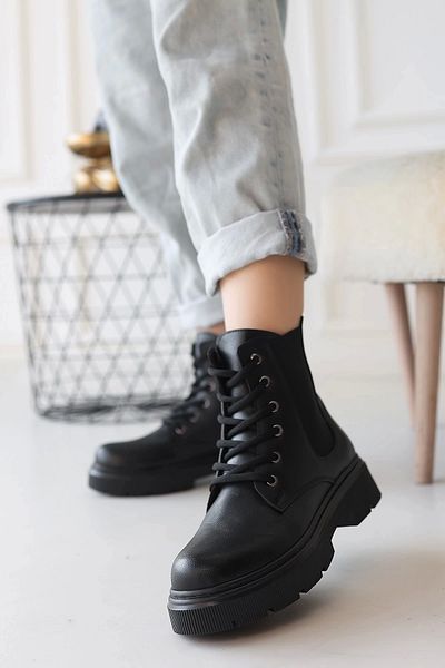 ufukmoda Daum Black Skin Lace up Boots