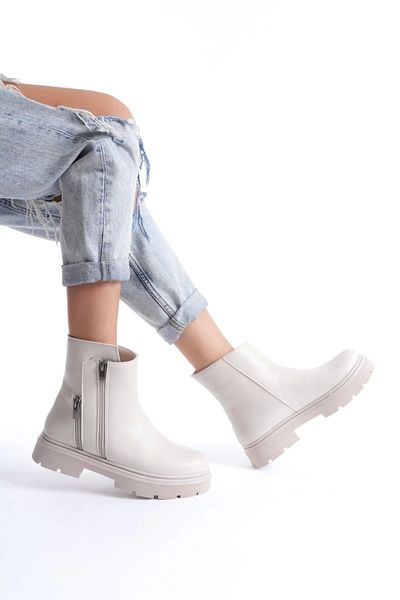 ufukmoda Menta Beige Leather Boots with Zipper Accessories