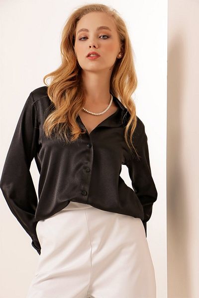 modaserdem    3964 Lightweight Draped Satin Shirt - Black