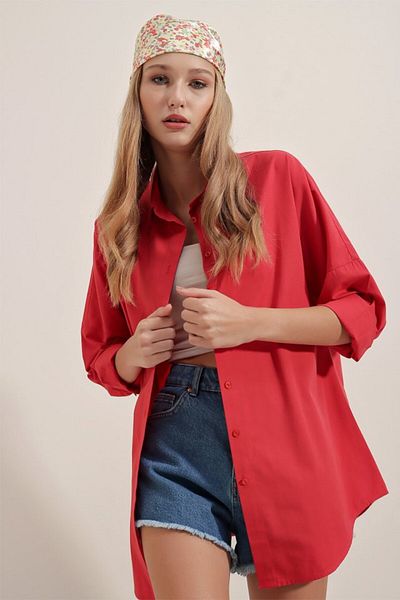 modaserdem 3900 Oversize Long Basic Shirt - Red