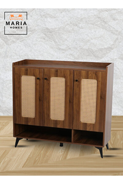 MARIA HOMES Modern Wooden Storage Cabinet – 119x100x33 cm – Rattan Doors, Metal Legs – Stylish Sideboard