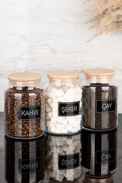 Dolkin Home 3-Piece Wooden Vacuum Lid Tea Sugar Coffee Glass Jar Set with Black Label Storage Container 800 ml