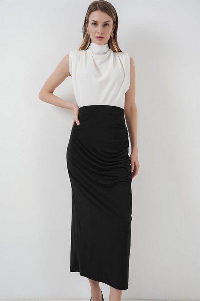 modaserdem 8035 Gathered Midi Skirt - Black
