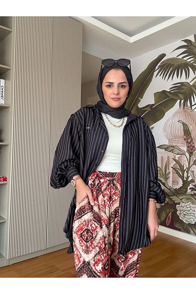Aselim Hijap Moda Ρίγες Βαμβακερό Λινό - Μαύρο Σετ