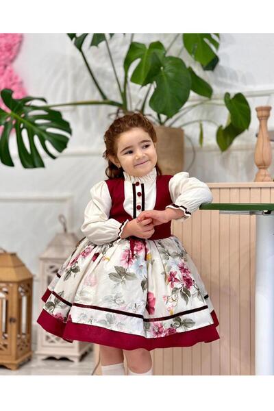 Linarookids Krem Bordo Yelekli Vintage Kız Bebek Elbisesi,Doğum günü,fotoğraf...