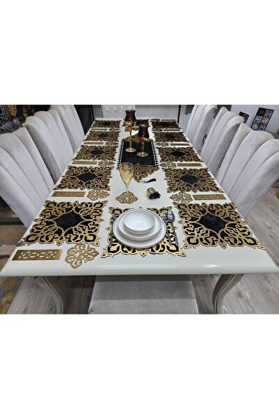 SEHARA Βελούδινο Μαύρο-Χρυσό Χρώμα 1 Runner Service 33x33 B Σετ Προσωπικότητα...