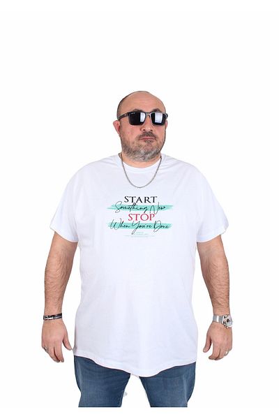 MocGrande Men's Oversize Crew Neck T-Shirt Start Stop 25178 White