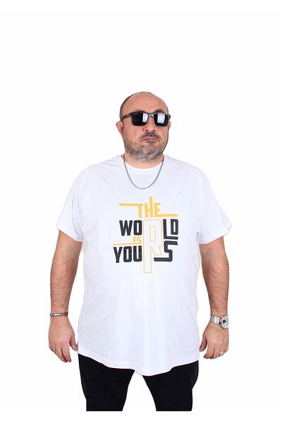 MocGrande Men's Plus Size Crew Neck T-Shirt the World 25170 White