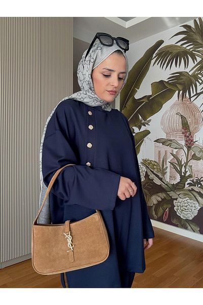 Aselim Hijap Moda Premium Buttoned Modal Cotton Suit Navy Blue