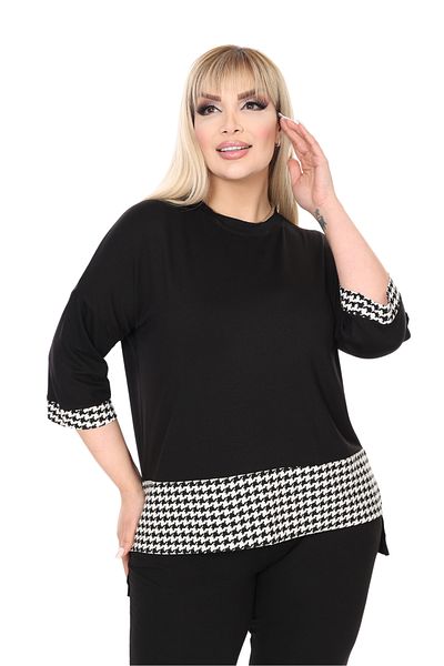 MELSAY Women's Black Houndstooth Detailed Elastic Waist Large Size Top and Bottom Set