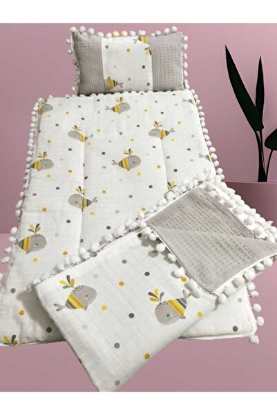 Home طقم مكون من 3 قطع من قماش القطن الموسلين ذو الجوانب المزدوجة مع بوم بوم