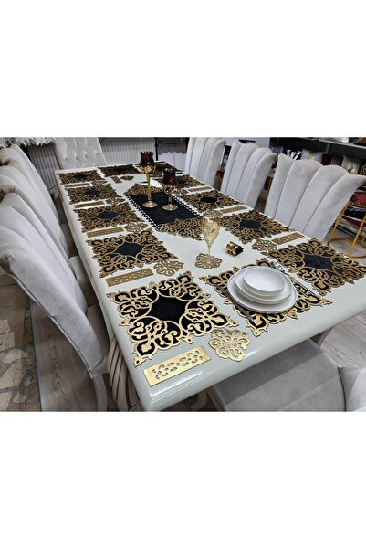 SEHARA 1 Runner(99X32)/12 A.servis(33X33)/12 B.altlığı/12 Kaşıklık/37 Parça/12 Kişilik/kadife/siyah-gold