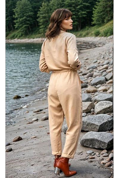 Pasaklı Giyim Women's Safari Long Sleeve Waist Lace up Buttoned Pocket Jumpsuit Caramel 3164450