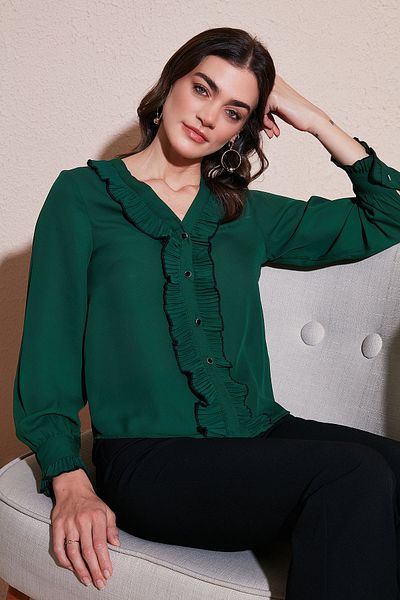 Lela Standard Fit V-Neck Ruffle Long Sleeve Shirt Shirt 611Go00341