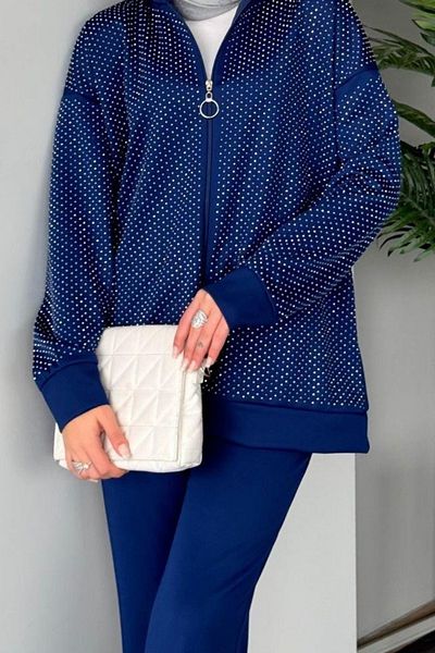 Tanos All Stone Detailed Large Size Comfortable Fit Hijab Pants Cardigan Double Set