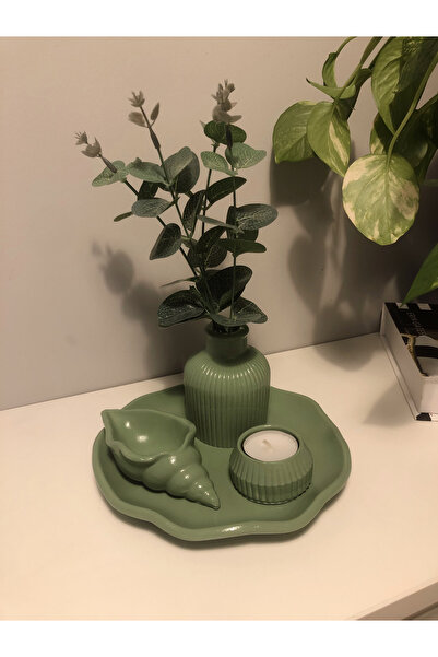 Decorative Handmade Green Color Object Set Pampas Vase,Seashell,cloud Plate,candle holder