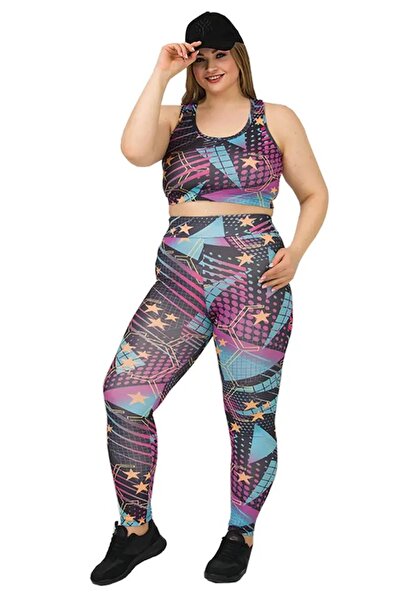 Viselya Çok Renkli Büyük Beden Sporcu Tayt Büstiyer Spor Takımı